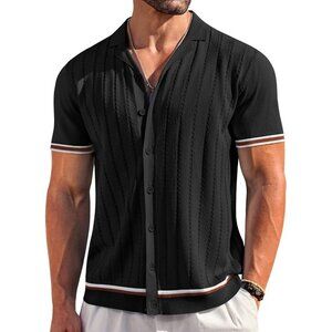Men's Black Short Sleeve Knit Shirt Casual Button Down Shirt Vintage Striped